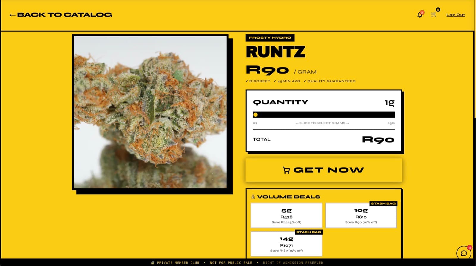 dankbud product page — Runtz, gram slider and volume deals