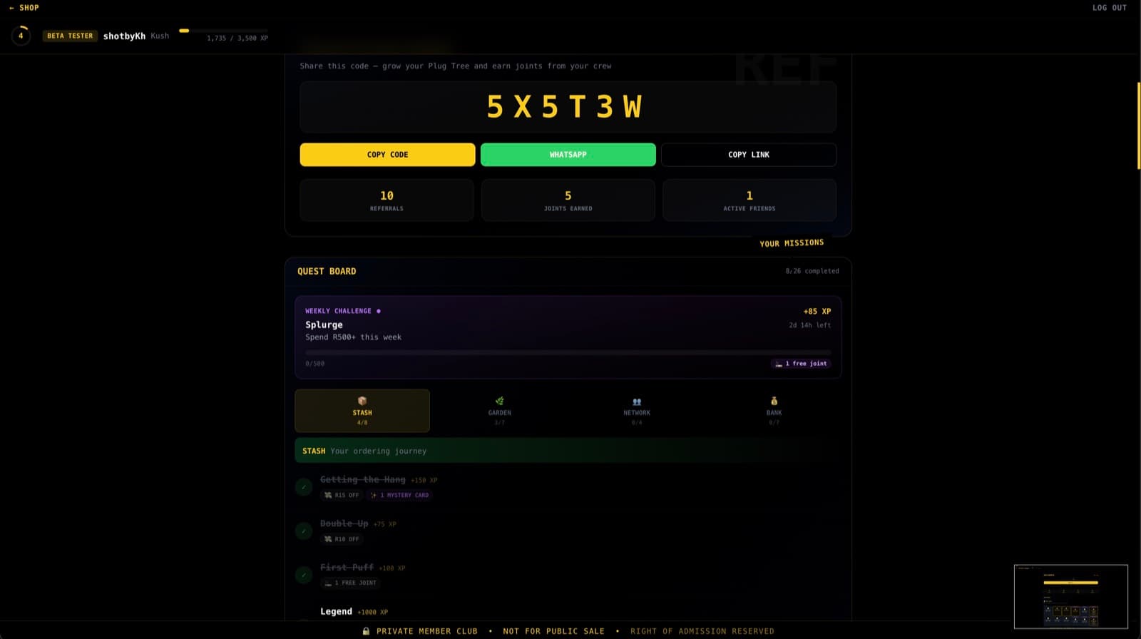 dankbud Plug Tree referral code and quest board with weekly challenges