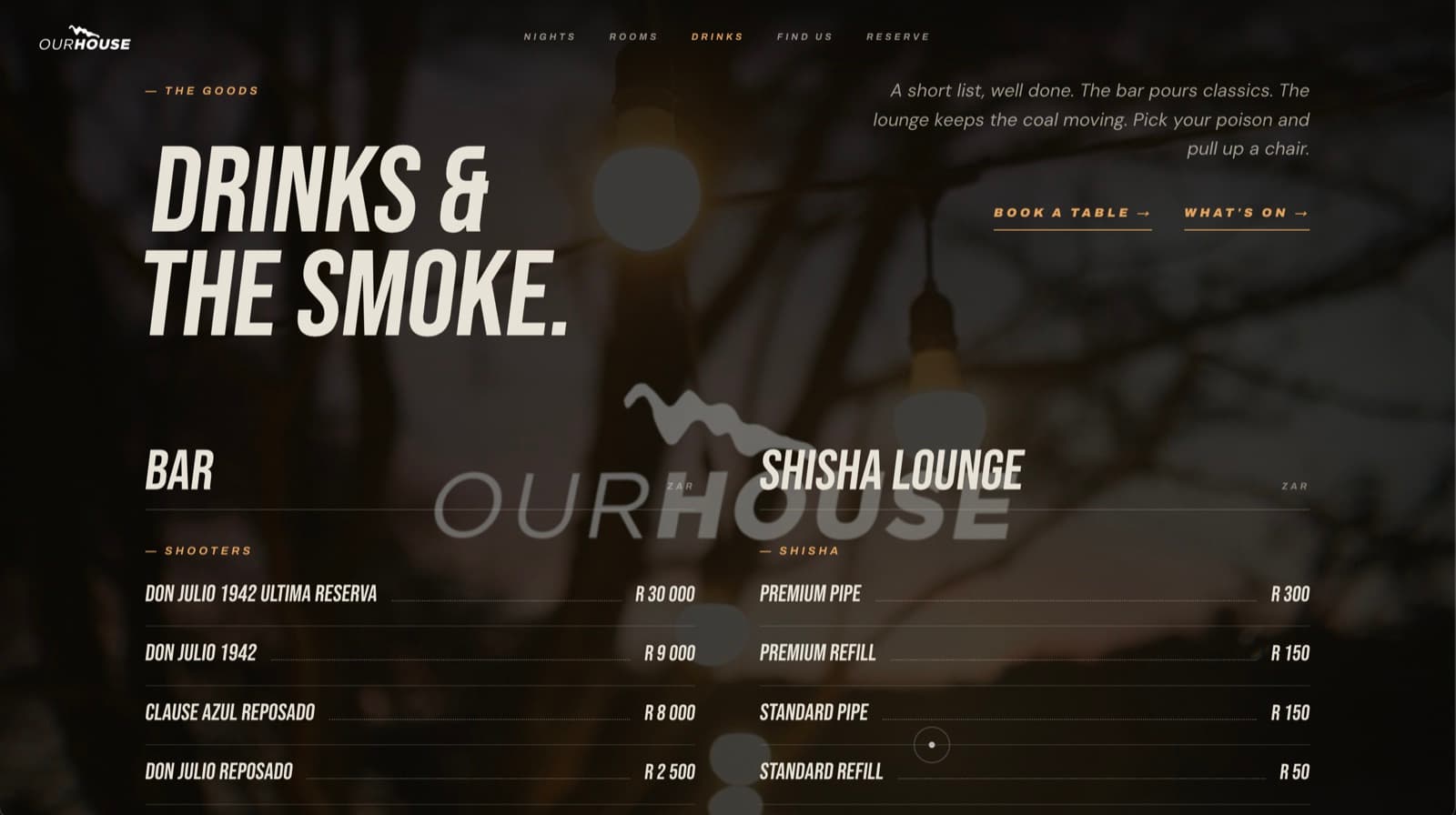 Our House menu — ‘Drinks & the smoke’, bar and shisha lounge